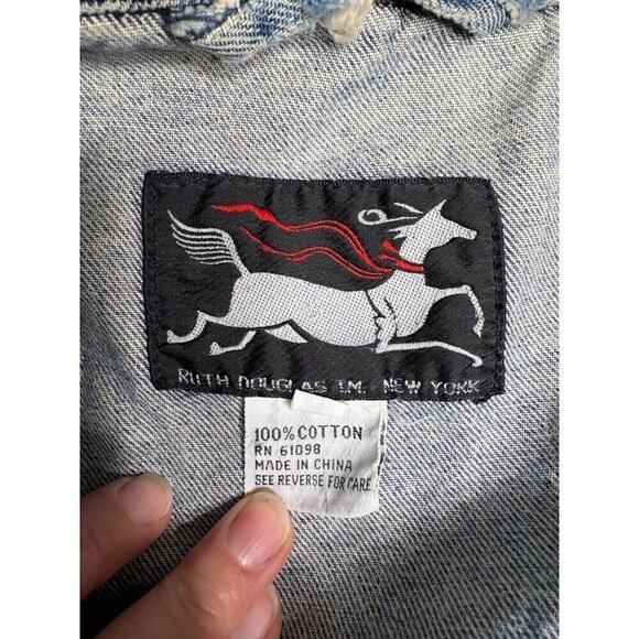 Vintage 80's Acid Wash Denim Bomber Jacket With Ribbed Hem Unisex 18W Distressed - Picture 10 of 11